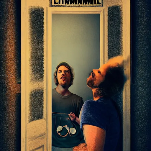 Prompt: poster for a short liminal film called'liminal'about four male roommates that find a tiny hidden door. movie poster, advertisement, photography, sharp, high detail, trending on artstation, mystery, cinematic