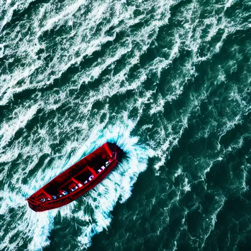 Prompt: a lonely boat floating in the turbulent red ocean, tsunami, fierce huge waves, dangerous depressing atmosphere, dark tone, illustration, aerial view, evil