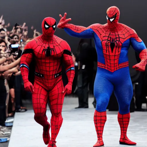 Image similar to dwayne johnson entrances wearing spiderman costumes