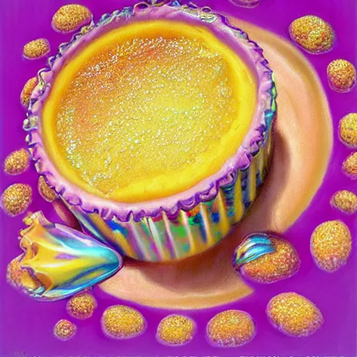 Image similar to banana creme brulee , a pastel by Lisa Frank, trending on cgsociety, rasquache, biomorphic, trypophobia, lovecraftian