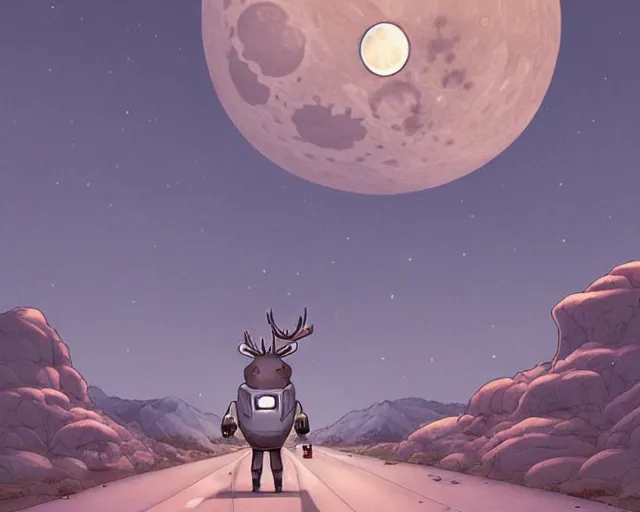 Prompt: a cell shaded cartoon grey obese santa + deer robot, with a big head, on a desert road, wide shot, in front of a big moon, muted colors, post grunge, josan gonzales, wlop, by james jean, victor ngai, hq, deviantart, art by artgem