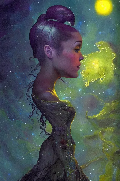 Image similar to ariana grande, art by frank kelly & michael bohme, trending on artstation, bioluminescence closeup view illustrator, american romanticism, very very elegant, 4 k hd