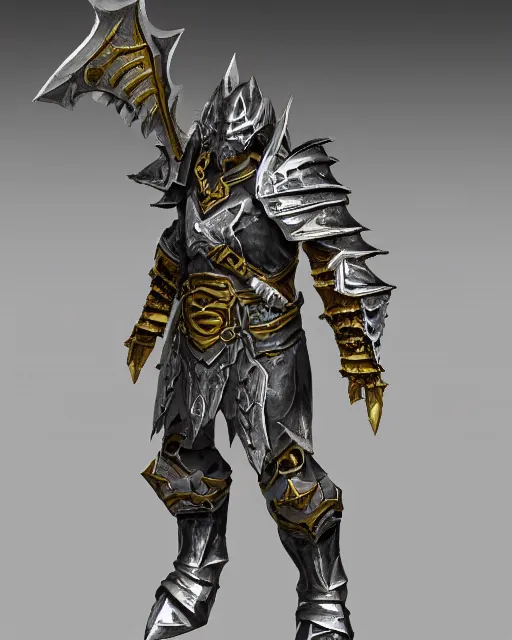 Prompt: fantasy warrior in simple armor, diablo 3 armor, silver with gold accents, smooth, plain, low poly, extremely clean, uncluttered, high-quality