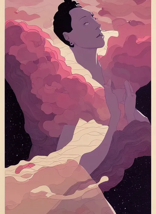 Image similar to poster artwork by michael whelan and tomer hanuka, a portrait of beautiful sensual dancing in the clouds of jupiter, clean