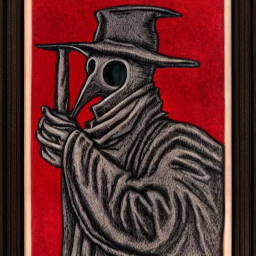 Image similar to etching of a plague doctor, black and red
