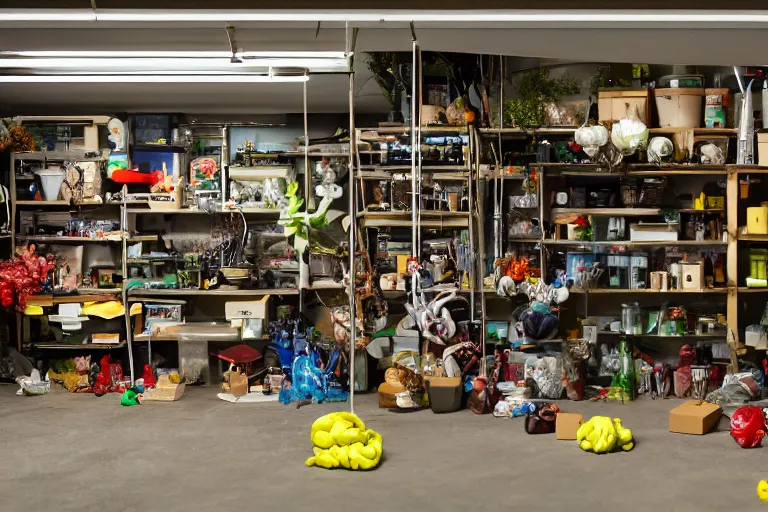 Image similar to garage with carnivorous plants on the shelves and packing peanuts on the floor, scene from tv show hyper detailed 5 5 mm 8 5 mm, low - light photography by tyler mitchell, made out of plastic