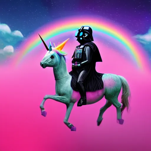 Image similar to beautiful matte painting, rainbow colored pink pink darth vader wearing pink wearing pink, riding a unicorn, riding a unicorn, riding a one-horned unicorn over a glittering rainbow, in psychedelic space, by lisa frank and dan mumford, octane render, HDR, vivid color, volumetric lighting, unreal engine, concept art, CGsociety, trending on artstation