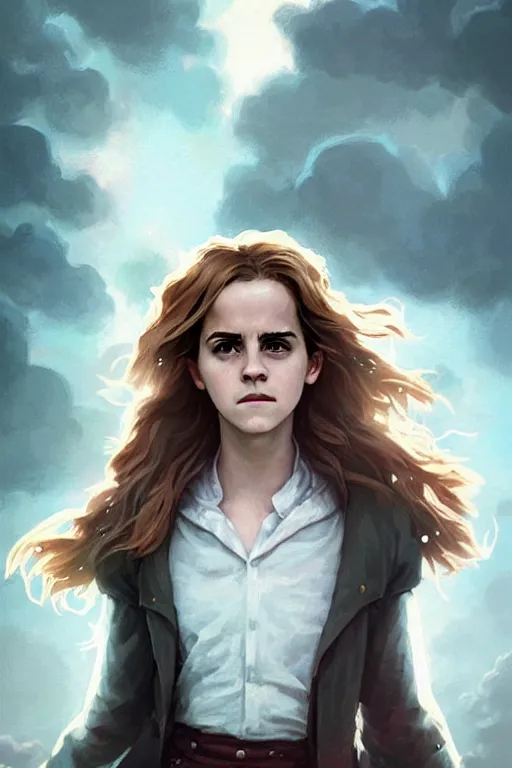 Image similar to Poster artwork, Emma Watson as Hermione Granger, magnificent, medium close up, details, sharp focus, elegant, highly detailed, illustration, by Jordan Grimmer and greg rutkowski and PiNe(パイネ) and 薯子Imoko and 香川悠作 and wlop!! and maya takamura, intricate, beautiful, Trending artstation, pixiv, digital Art