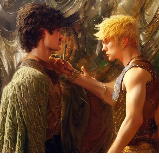 Image similar to attractive arthur pendragon confesses his love to attractive male merlin. highly detailed painting by gaston bussiere, craig mullins, j. c. leyendecker 8 k