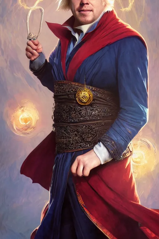 Image similar to Boris Johnson as Dr. Strange, highly detailed character in digital fantasy, painted portrait, artstation, concept art, hard focus, illustrations, works by Artgerm and Greg Rutkowski, Alphonse Mucha and Craig Mullins, James Gene, Andrey Ryabovichev, Mark Simonetti and Peter Morbacher, 16 thousand