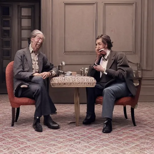 Image similar to jean rochefort and mathieu amalric, symmetric, realistic, realism, early 2 0 th century gentlemen, sitting at coffee table, smoking a cigar.