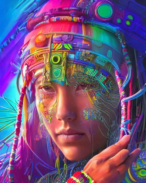 Prompt: colorful portrait of a futuristic native american indigenous hippie with cybernetics | highly detailed | very intricate | symmetrical | professional model | cinematic lighting | award - winning | painted by rossdraws and wlop and artgerm | pan futurism, dystopian, bold psychedelic colors, cyberpunk, anime aesthestic | featured on artstation