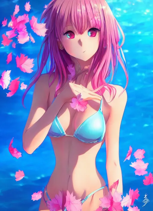 Prompt: gorgeous anime in bikini covered in translucent blue and pink leaf and petals in the style of stefan kostic, cute - fine - face, dasha taran, backlit, refracted lighting, elegant, half body shot, 8 k, insanely detailed, intricate, art by stanley lau, artgerm, wlop, kuvshinov ilya,