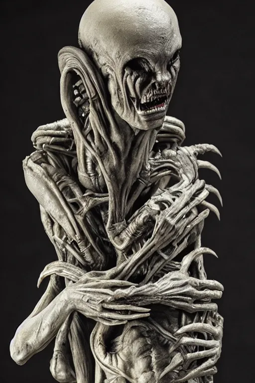 Image similar to giger sculpture of an alien from the movie alien holding a severed human by francisco jose de goya, giger, pixiv, vanitas, chiaroscuro, grotesque, demonic photograph