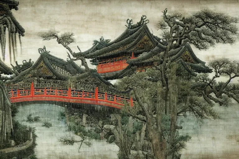 Image similar to in the rain, some ancient chinese houses, bridge, river mysterious and serene landscape, clouds, by sandro botticelli, trending on artstation