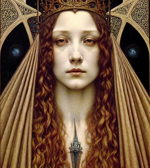 Image similar to detailed realistic beautiful young medieval queen face portrait by jean delville, gustave dore and marco mazzoni, art nouveau, symbolist, visionary, gothic, pre - raphaelite. horizontal symmetry