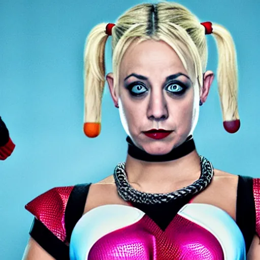 Image similar to A still of Kaley Cuoco as Harley Quinn