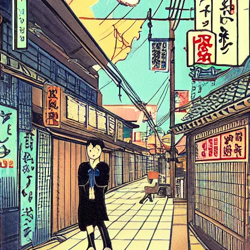 Prompt: the melancholic village of osaka by osamu tezuka, trending on pixiv