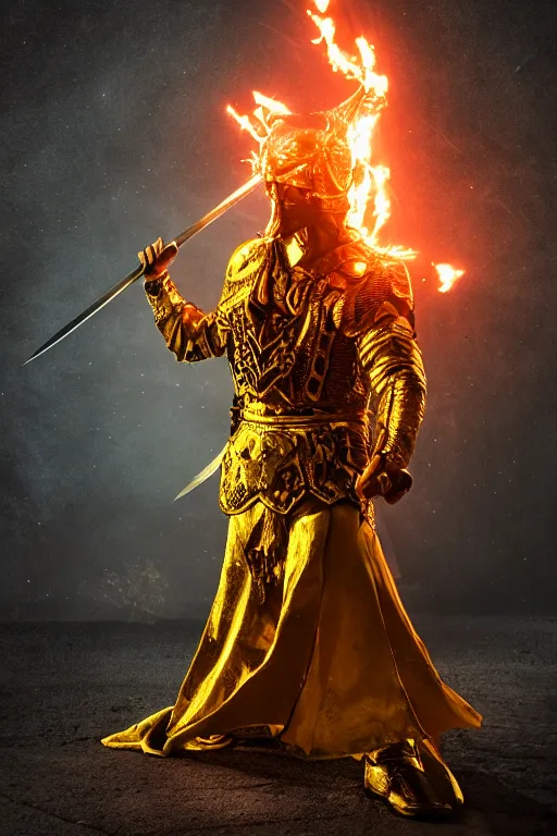 Prompt: a golden warrior showing his sword of fire, trending on artststion. night time, dramatic, cinematic, 8 k