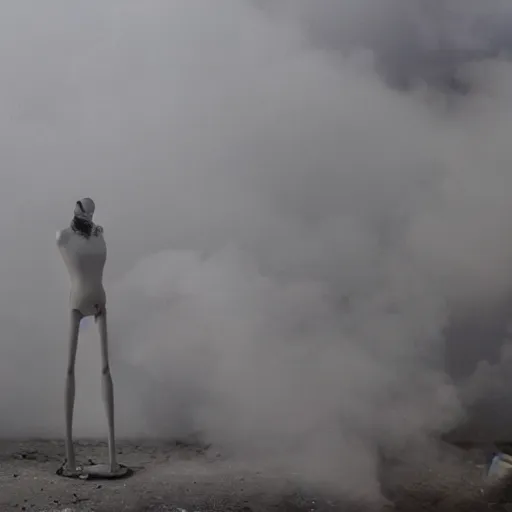 Image similar to a mannequin made of smoke, billowing clouds of dust, and ash trapped within transparent crystal