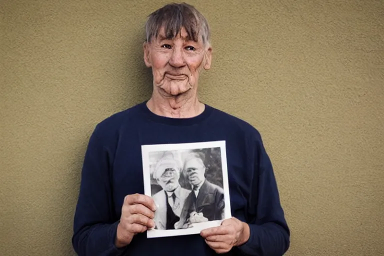 Image similar to young man holding a photograph of him as a old man