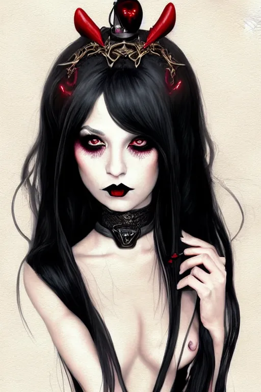 Image similar to Portrait of seductive female necromancer, D&D, revealing stylish dress, red eyes, black lipstick, choker on neck, long black hair, mouth slightly open, slight nerdy smile, fantasy, intricate, elegant, highly detailed, digital painting, artstation, concept art, smooth, sharp focus, illustration, art by artgerm and greg rutkowski and alphonse mucha