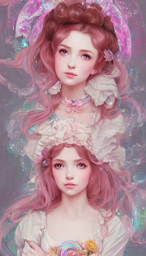 Image similar to portrait of magical lolita girl, dreamy and ethereal, expressive pose, big pink eyes, peaceful expression, , fantasy, intricate, elegant, many rainbow bubbles, rose tones, highly detailed, digital painting, artstation, concept art,cyberpunk dress, smooth, sharp focus, illustration, art by artgerm and greg rutkowskiand alphonse mucha