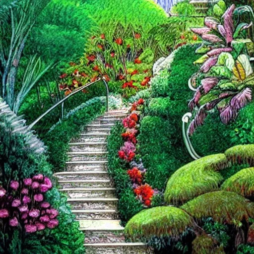 Prompt: old white house stairs into colorful lush garden, drawing moebius