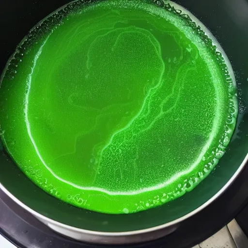 Image similar to brewing violent bubbling green fluid soup, green steam rising from soup