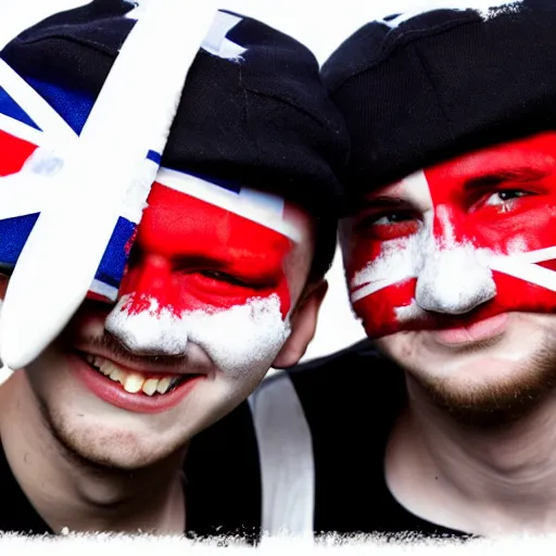 Image similar to mid-shot portrait photograph of two male British chav youths holding knives, with white powder on their faces, wearing the Union Jack, and wearing fez caps, high quality