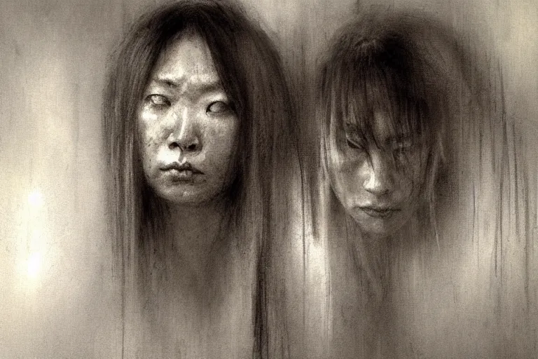 Image similar to a sad japanese lady by jeremy mann - graphite sketch