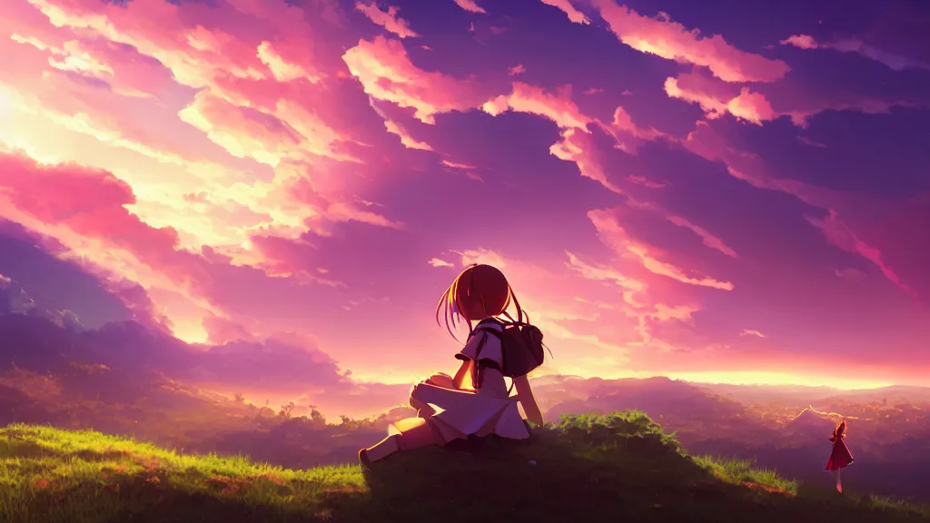 Prompt: a schoolgirl girl sat on the hillside and looked at the dust sky, beautiful sunset glow, giant cumulonimbus cloud, rich vivid colors, ambient lighting, dynamic lighting, official media, anime key visual, rossdraws, detailed, trending on artstation.