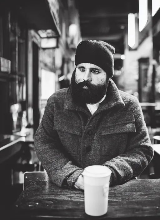 Image similar to Photography of a sad fully bearded man wearing warm clothes and carrying a huge travel backpack, drinking and smoking , sitting in a bar, full body shot, atmospheric lighting , wide angle lens