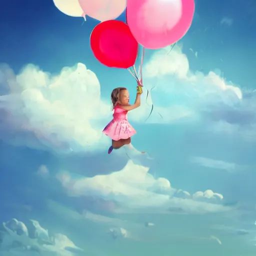 Image similar to a little girl child holding balloons and flying in the sky , dream ,magical, concept art trending on artstation,