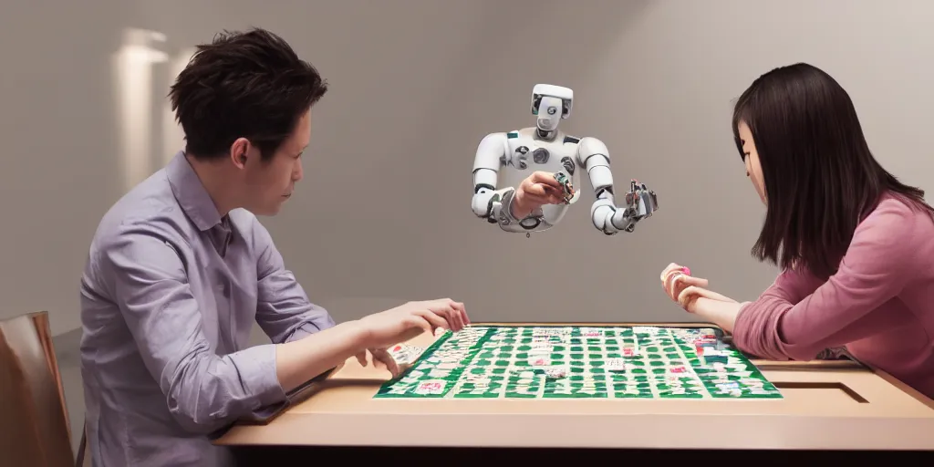 Image similar to mathematician playing mahjong against a female robot, [ photorealistic, octane render, 8 k, photography, intimate ]