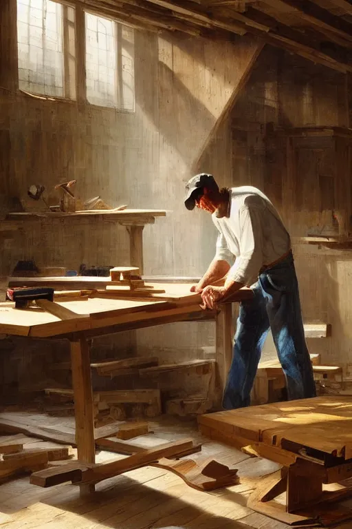 Image similar to simple craftsman fine woodworker building a wooden table in their well lit clean open workshop, thomas lawrence, greg rutkowski