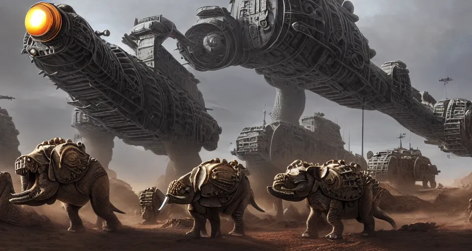 Prompt: pixar running dinosaurs elephants googly eyes, military tank fury road iron smelting pits space marines, highly detailed cinematic scifi render of 3 d sculpt of spiked gears of war skulls bucketwheel jabbas palace, military chris foss, john harris, hoover dam'aircraft carrier tower'beeple, warhammer 4 0 k, halo, halo, mass effect