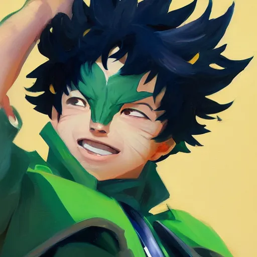 Image similar to greg manchess portrait painting of izuku midoriya as overwatch character, medium shot, asymmetrical, profile picture, organic painting, sunny day, matte painting, bold shapes, hard edges, street art, trending on artstation, by huang guangjian and gil elvgren and sachin teng