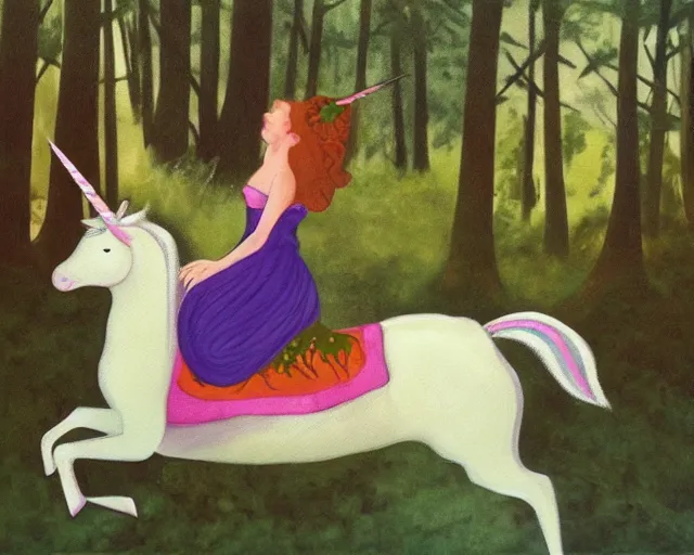 Prompt: woman riding a unicorn in enchanted forest, tiktok painting by annie liebovitz