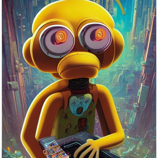 Image similar to cheburashka futurama cyberpunk portrait by gaston bussierre and charles vess and james jean and erik jones and rhads, inspired by rick and morty, epic, funny, huge scale, beautiful fine face features, intricate high details, sharp, ultradetailed