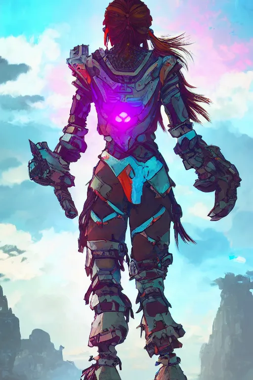 Image similar to combination suit armor aloy horizon forbidden west horizon zero dawn radiating a glowing aura global illumination ray tracing hdr fanart arstation by ian pesty and alena aenami artworks in 4 k tribal robot ninja mask helmet backpack