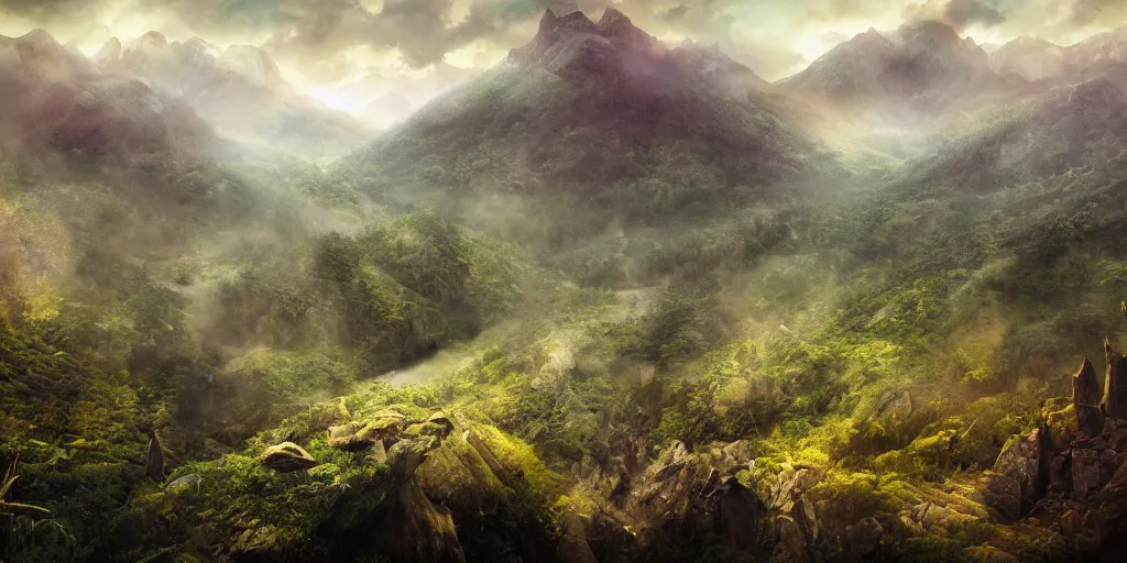 Image similar to appalachian mountain landscape, matte painting by andreas franke