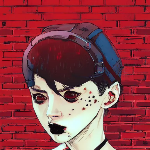 Image similar to Highly detailed portrait of a post-cyberpunk young lady with, freckles and cool hair by Atey Ghailan, by Loish, by Bryan Lee O'Malley, by Cliff Chiang, inspired by image comics, inspired by graphic novel cover art, inspired by nier, inspired by scott pilgrim !! Gradient red, black and white color scheme ((grafitti tag brick wall background)), trending on artstation