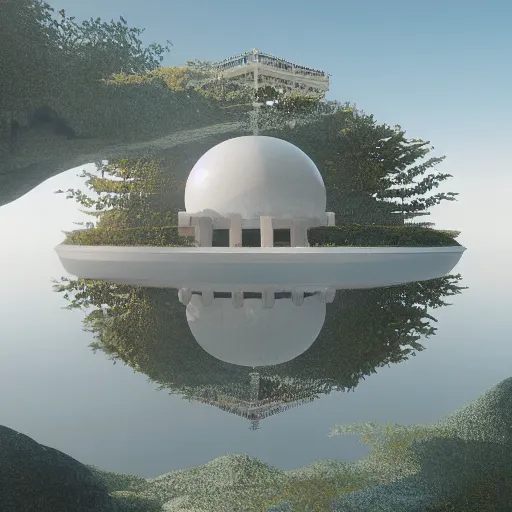 Prompt: a beautiful lot of white sphere shaped buildings are put together, on the calm lake ， hyper detailed, 8 k, unreal engine, by kazuyo sejima and hiroshi sugimoto