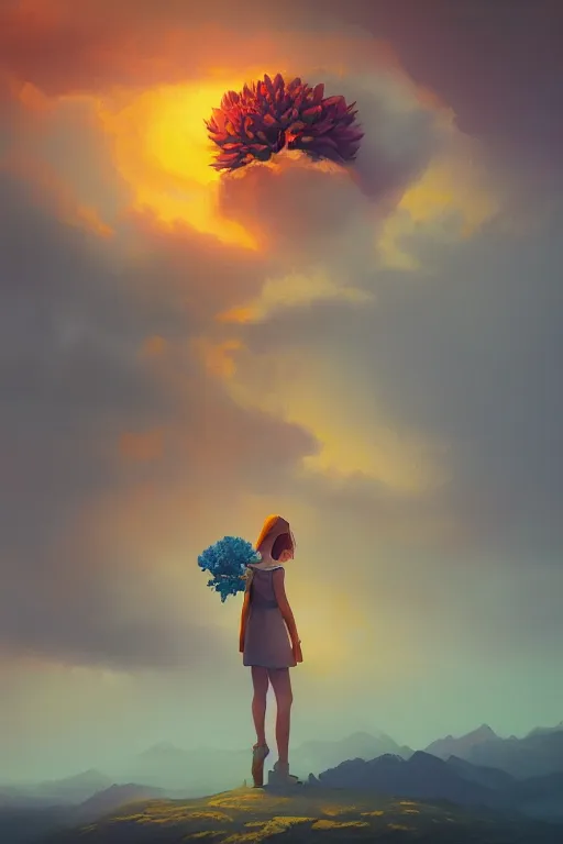 Image similar to closeup girl with huge yellow dahlia flower face, intricate, standing on mountain, surreal photography, blue storm clouds, dramatic light, impressionist painting, digital painting, artstation, simon stalenhag