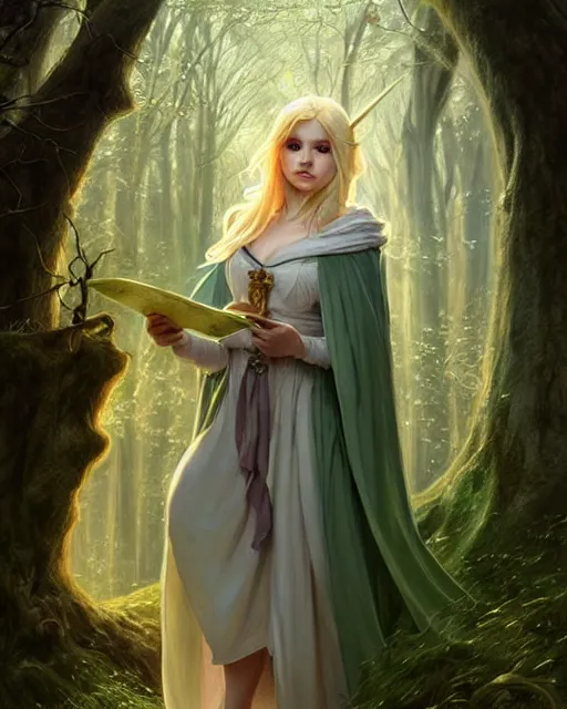 Image similar to blonde young mage casting a spell wearing a heavy cloak and chemise in the forest, fantasy character portrait, ultra realistic, intricate, elegant, highly detailed, digital painting, artstaion, smooth, sharp, focus, illustration, art by artgerm and greg rutkowski and alphonse mucha
