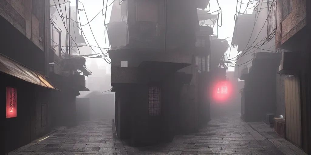 Image similar to a japanese alleyway in the style of blade runner 2049, volumetric lighting,