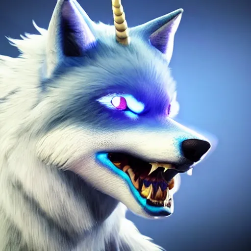 Image similar to a giant blue wolf with a white main and two unicorn horns, a white star shape on his forehead, yellow eyes, beautiful, ultra realistic, great wolf, unreal engine 5, dynamic lighting, highly detailed, lightning around