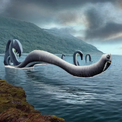 Prompt: Loch Ness Monster, Giant Squid, you can see the entire monster, realistic, extremely detailed, 8k, sharp, photo