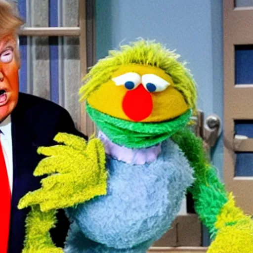 Prompt: A still of Donald Trump in Sesame street,realistic,detailed,close up